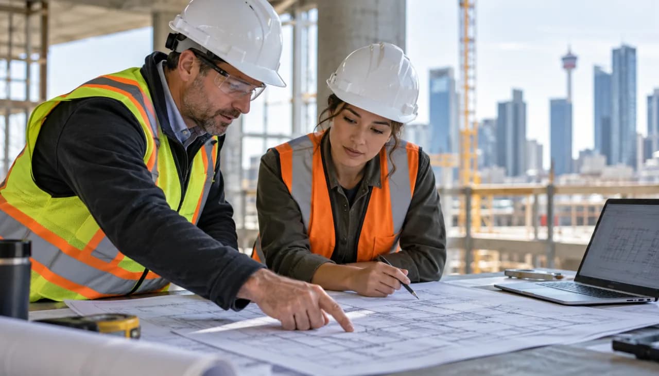 مهاجرت مهندسان به کانادا — مهندس در حال بررسی نقشه‌های فنی، مشاورهٔ سرزمین نو
